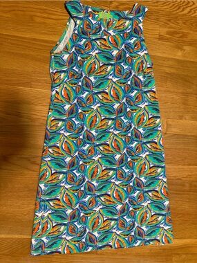 Katherine Way Multicolor Leaf-Print Dress — Teal, Orange, Blue. XS
